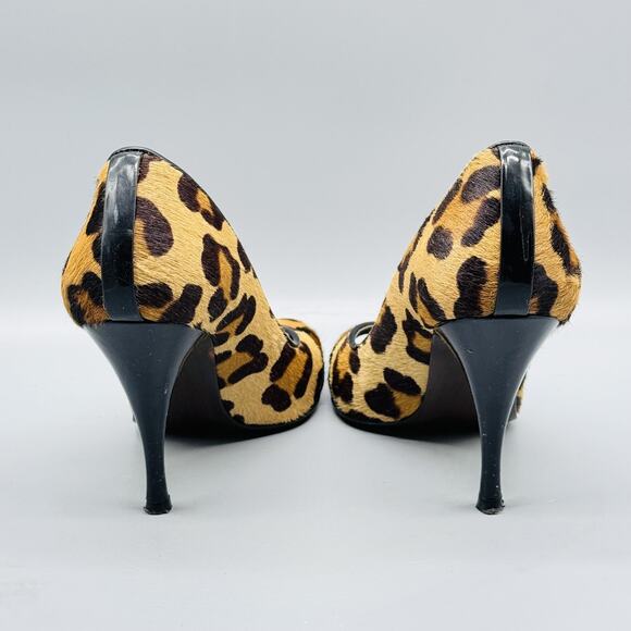 Stuart Weitzman Shoes Womens 5.5 Brown Calf Hair Leather Pumps Leopard Peep Toe - Picture 7 of 12